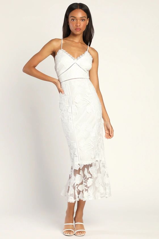 Alluring Dream White Floral Mesh Lace Trumpet Midi Dress | Lulus (US)