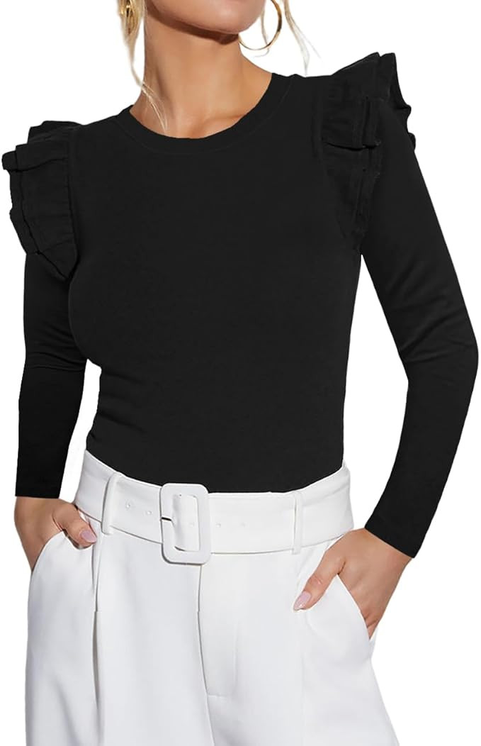 BONITEE Women's Long Sleeve Ruffle Tops Fall Trendy Round Neck Tee Shirts Casual Ribbed Slim Fit ... | Amazon (US)