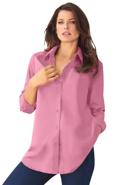 Roaman's Plus Size Kate Long Sleeve Easy Cotton Blend Button Front Shirt in Pink Blossom at Nordstrom, Size 36 | Nordstrom
