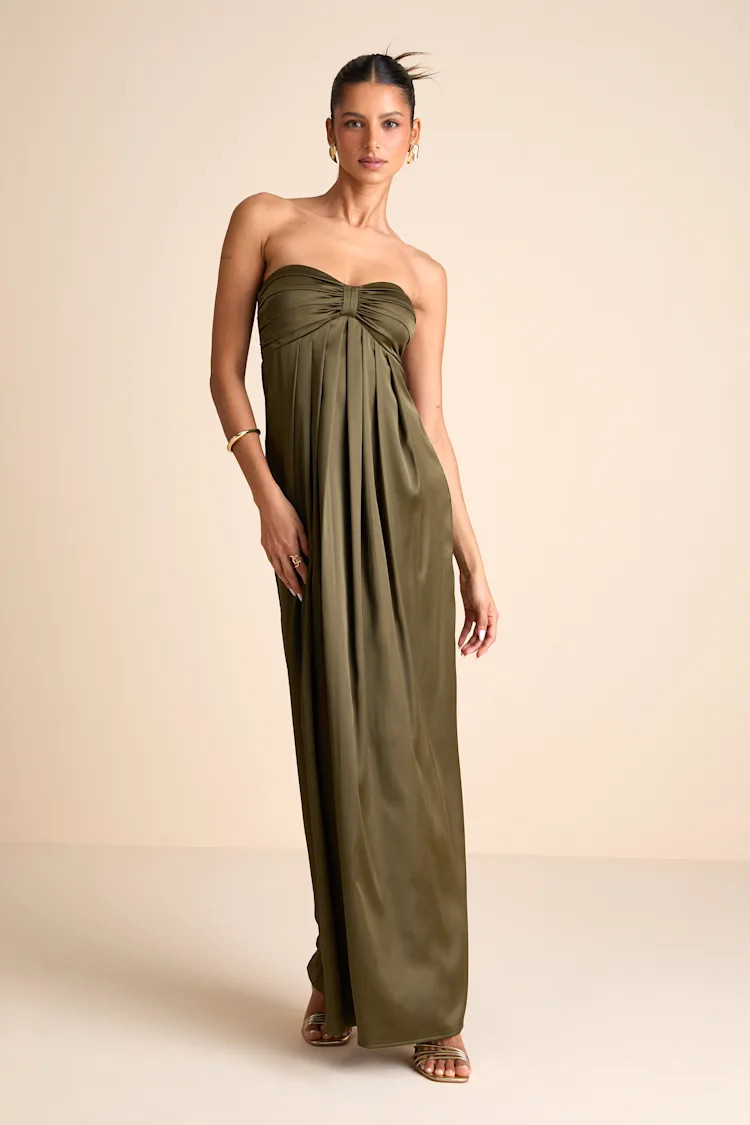 Memorable Entrance Olive Green Strapless Satin Maxi Dress | Lulus