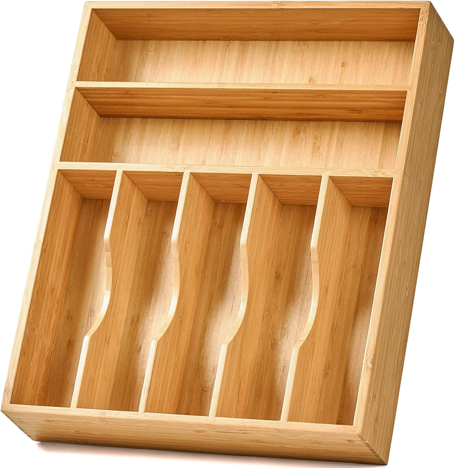 Bamboo Kitchen Drawer Organizer, 13 Inch Silverware Utensil Tray Holder, Extra Deep Grooved Drawer Divider, 7 Slots Total Bamboo Wood Caddy for Flatware Cutlery Knives, Forks, Spoons | Amazon (US)
