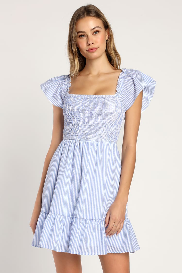 Seer Delight Blue Striped Smocked Ruffled Mini Dress | Lulus