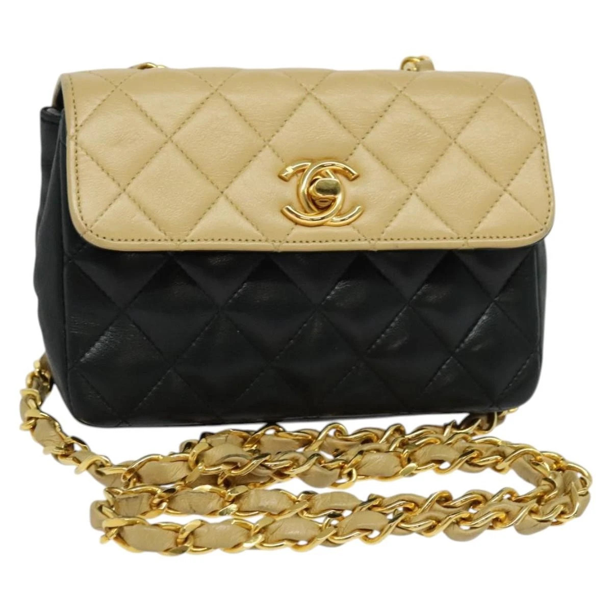 CHANEL Matelasse Chain Shoulder Bag Lamb Skin Beige Gold black CC Auth PP908 | eBay US