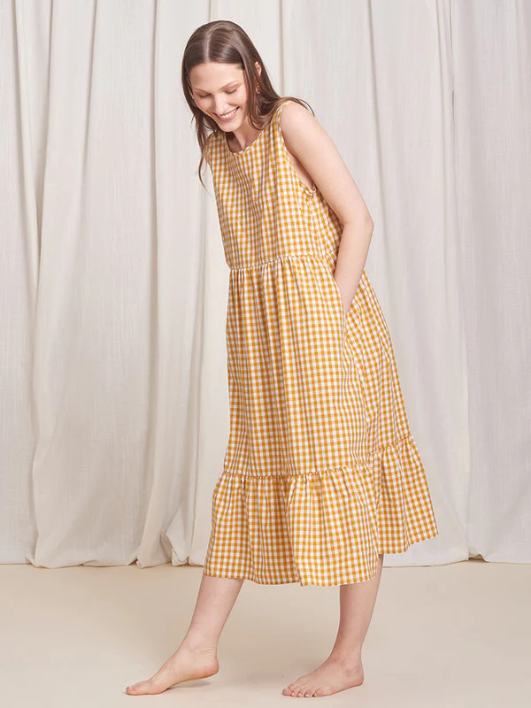 Birdie Sleeveless Dress Gingham Marigold | Tradlands