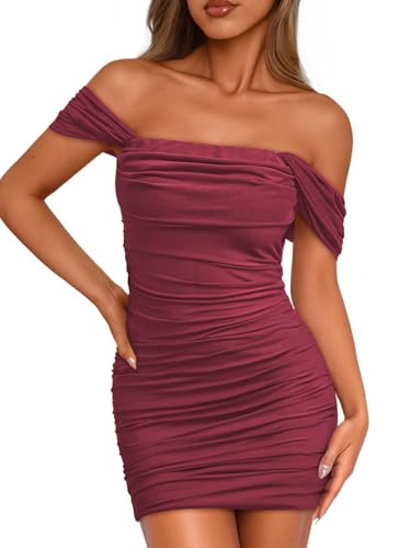 Trendy Queen Womens Off The Shoulder Bodycon Mini Dresses 2025 Graduation Party Cocktail Club Sexy Going Out Summer Ruched Mesh Short Dress Birthday HOCO Homecoming Outfits Clothes Burgundy | Amazon (US)