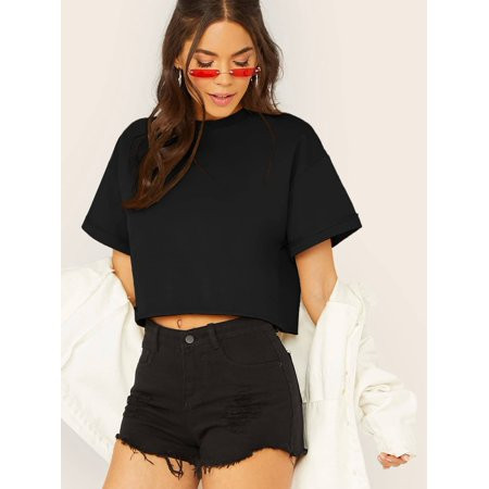 Casual Women s Ladies Solid Raw Cut Boxy Cropped Tees S221107X Black | Walmart (US)
