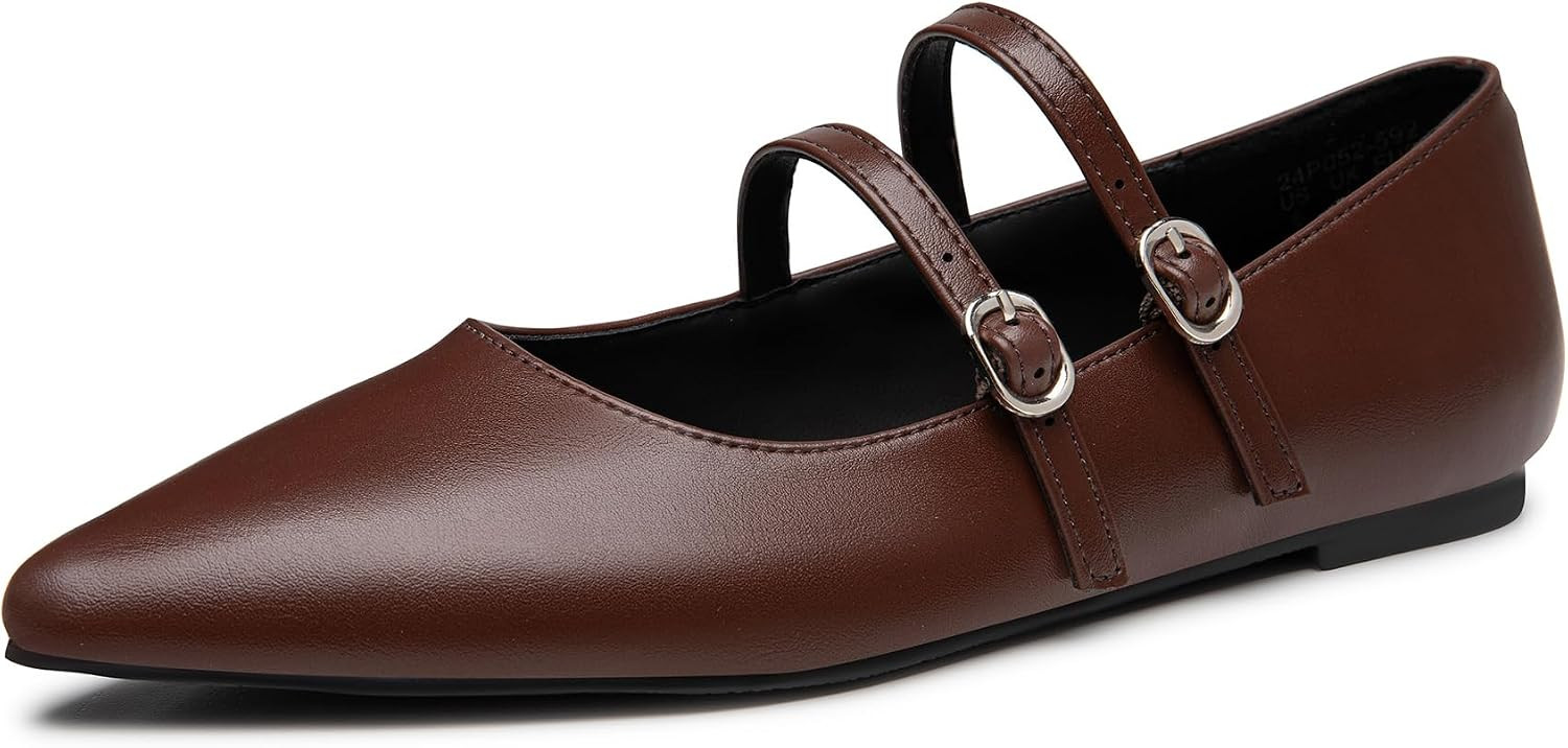 Trary Flats for Women Mary Jane Shoes Women Closed Pointed Toe Ballet Flats Comfortable Slip on Dressy Adjustable Strap Cute Walking Office PU Leather Mary Janes Flat Shoes | Amazon (US)