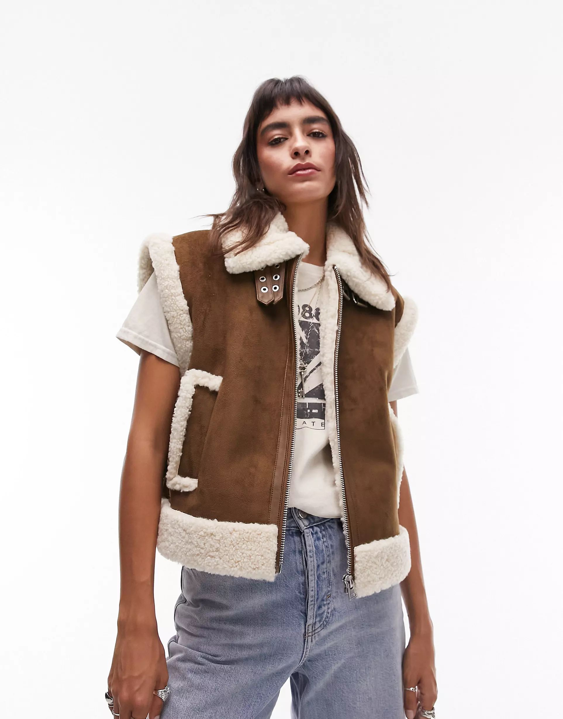 Topshop faux suede shearling oversized aviator vest in chocolate | ASOS (Global)