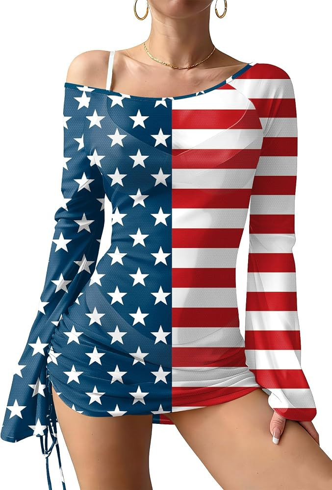 Women's Summer July 4th Off Shoulder See-Through Side Tie Y2K Sexy Swimsuit Cover Up Bell Sleeve ... | Amazon (US)