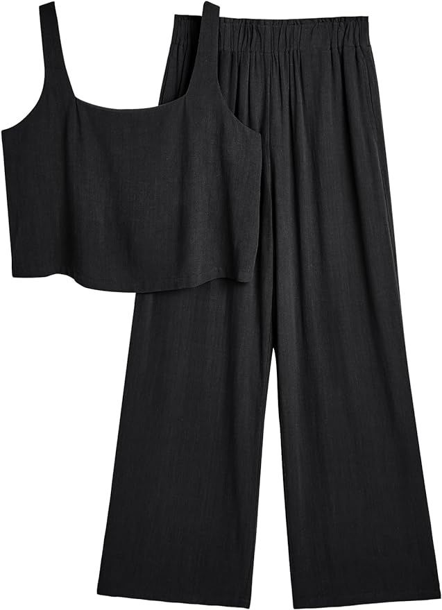 AUTOMET 2 Piece Summer Outfits for Women Casual Lounge Matching Sets Linen Crop Top Long Pants 20... | Amazon (US)
