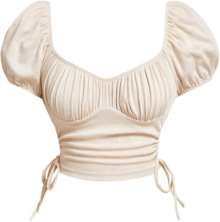 Women's Ruched Crop T Shirt Puff Sleeve Drawstring Side Slim Tee Top | Amazon (US)