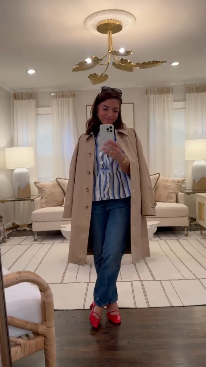 May 4 outfit | perfect top and jeans combo for a chilly spring day. Trench coat and striped top, straight cut denim, red accessories, red pumps and red bag!

#LTKOver40 #LTKStyleTip #LTKShoeCrush