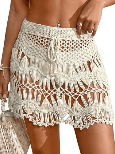 MakeMeChic Women's Crochet Drawstring Knitted High Waisted Swimsuit Mini Cover Up Beach Skirt | Amazon (US)