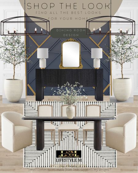 Transitional, modern farmhouse dining room ideas. Black dining table, fabric dining chair, wood upholstered dining chair, white stripped rug, table vase, black console table, brass decorative mirror, white table lamp, white terracotta tree planter pot, realistic tree planter pot, rectangle chandelier.

#LTKhome #LTKFind #LTKstyletip