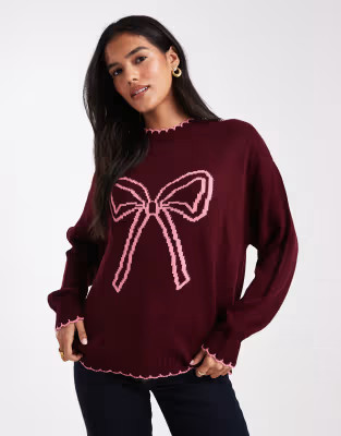 Jersey burdeos con patrón de lazo y ribete de punto festón de Miss Selfridge | ASOS | ASOS (Global)
