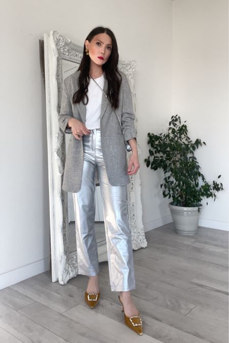 Silver metallic pants outfit with blazer ☕️

Silver pants
Metallic pants
Gray blazer 
Blazer outfit 
Silver pants outfit 
Gold shoes with jewel
Low heel gold shoes
Street style outfit 

#LTKshoecrush #LTKstyletip