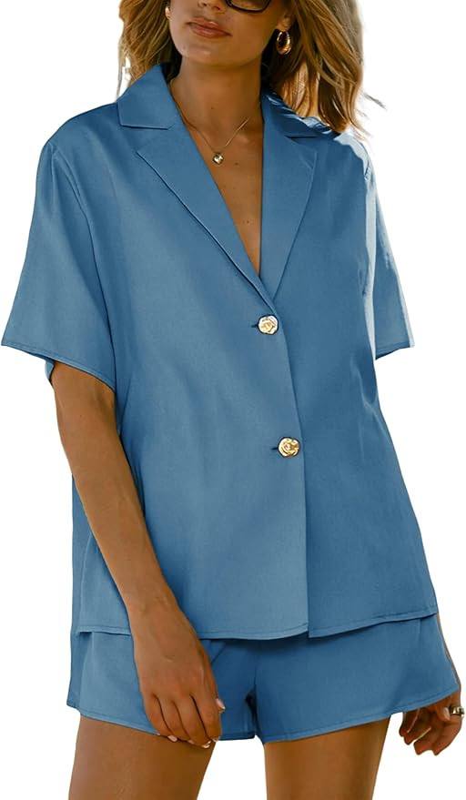 APAFES Women 2 Piece Set Button Down Shirt Shorts Sets Summer Two Piece Outfits Beach Vacation Ca... | Amazon (US)