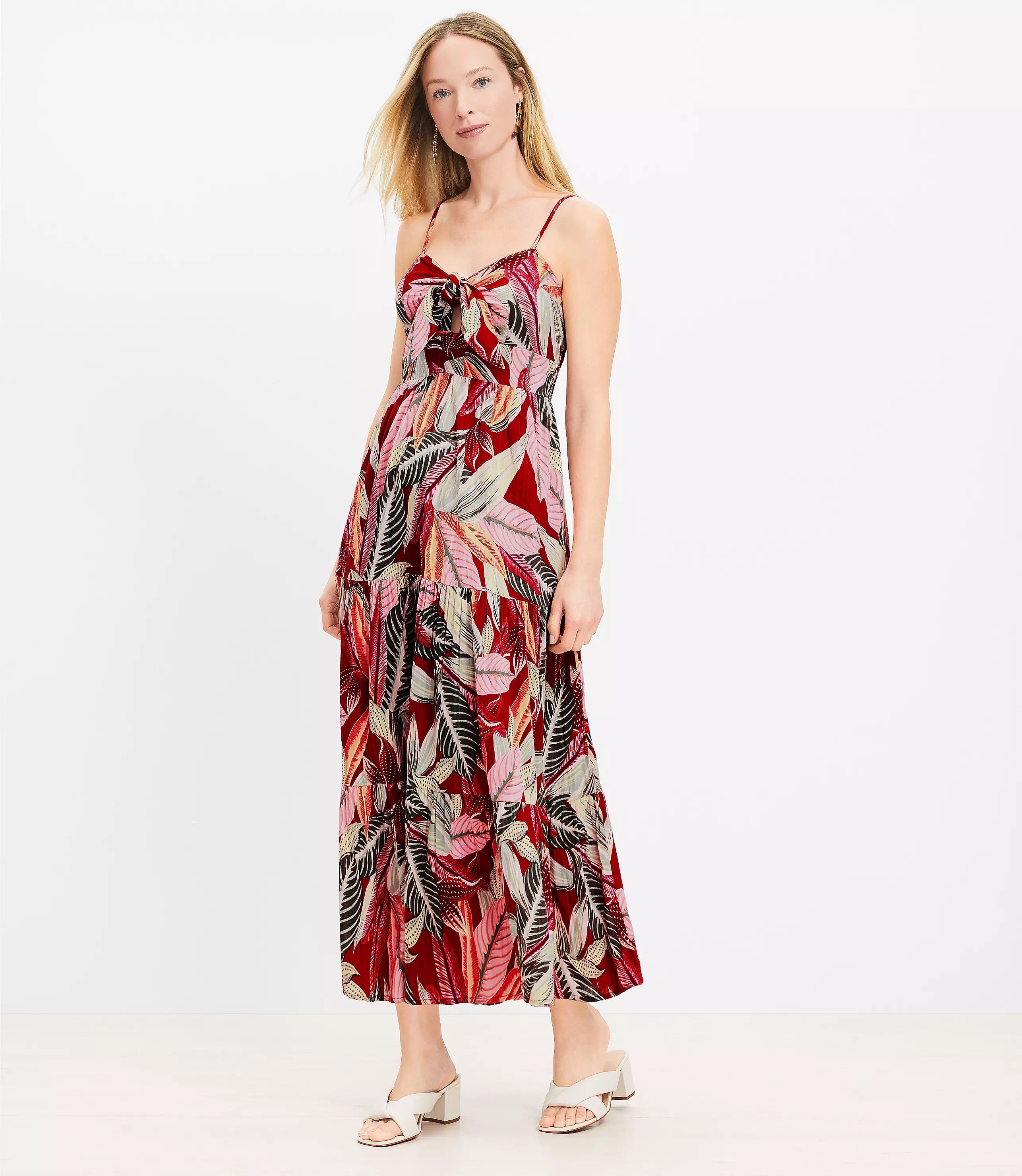LOFT Beach Palm Tiered Tie Front Strappy Maxi Dress | LOFT