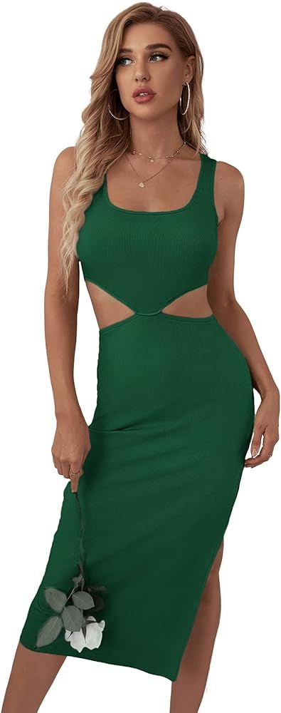 Verdusa Women's Cut Out Waist Split Side Square Neck Midi Bodycon Tank Dress | Amazon (US)