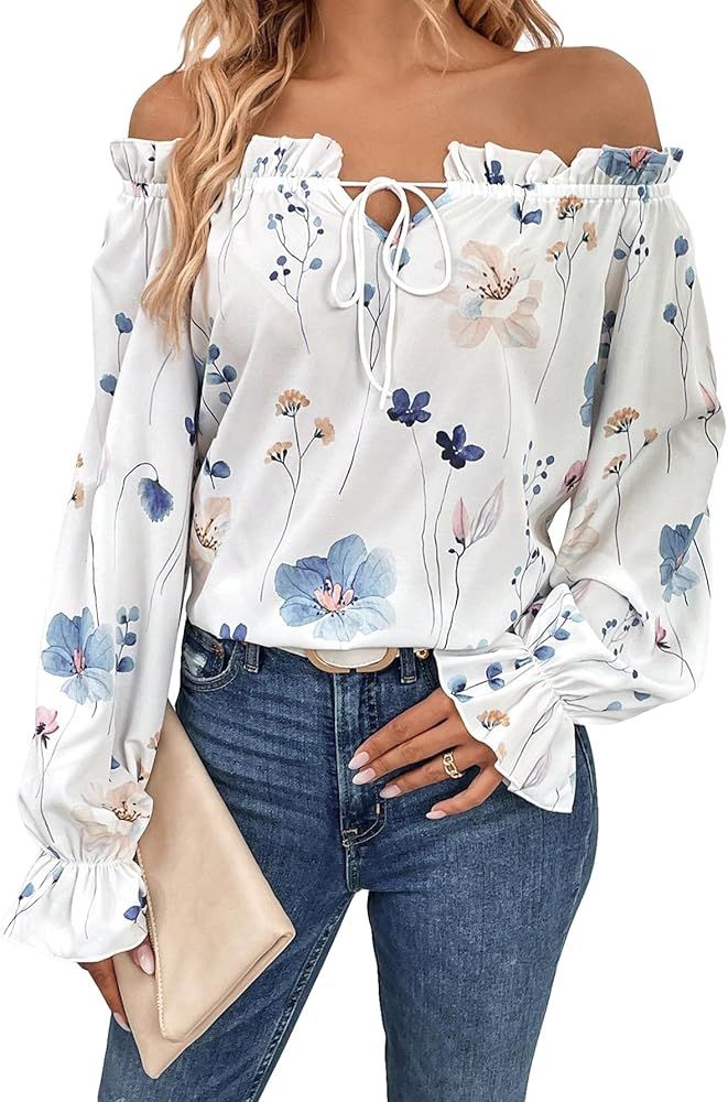 GORGLITTER Women's Floral Print Frill Trim Blouse Off Shoulder Tie Front Shirt Tops | Amazon (US)