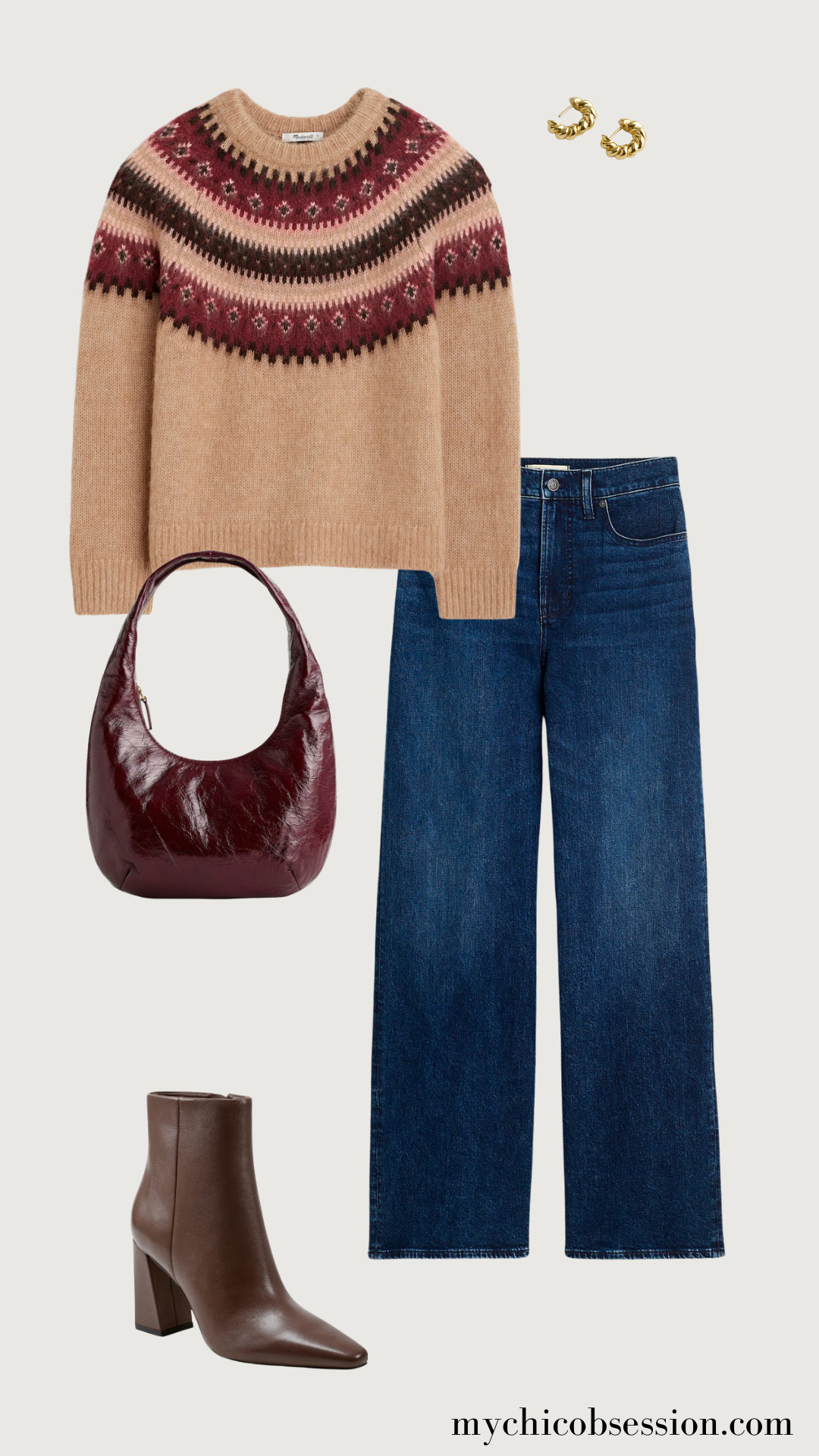 If you prefer burgundy over bright pops of red or pink, you can still lean into a deeper color palette as a nod to the holiday you’re celebrating. This Fair Isle sweater is ideal for a chilly February day and pairs beautifully with dark-wash jeans. Leather ankle boots, a burgundy bag, and gold huggie hoops finish out the chic, casual style. 

 #LTKSeasonal #LTKStyleTip #LTKShoeCrush