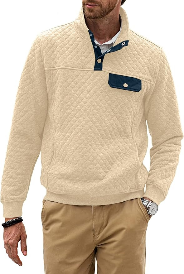 JMIERR Men's Quilted Sweatshirt Casual Long Sleeve Outdoor Stand Collar Button Pullover Sweatshir... | Amazon (US)
