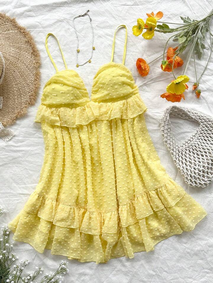 SHEIN WYWH WYWH Women Summer Vacation Dress, A Romantic Countryside Yellow Polka Dot Texture With... | SHEIN