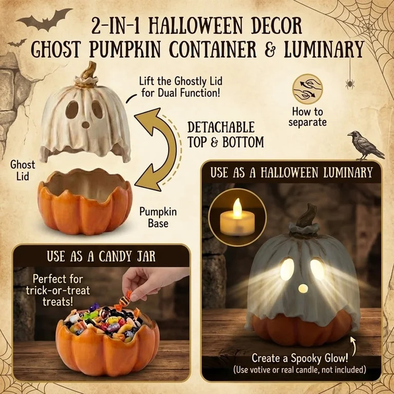 Halloween Decorations, Ghost Pumpkin Candy Bowl,Jack O' Lantern Trick or Treat Holder, 2-in-1 Gho... | Walmart (US)