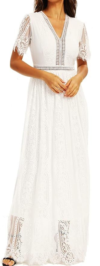 Women's Elegant V-Neck Short Sleeve Wedding Bridesmaid Party Maxi Cocktail Maxi Dress | Amazon (US)