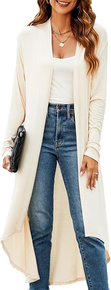 Womens Fall Casual Long Cardigan Draped Open Front Lightweight Long Sleeve Cardigan Duster with Pock | Amazon (US)