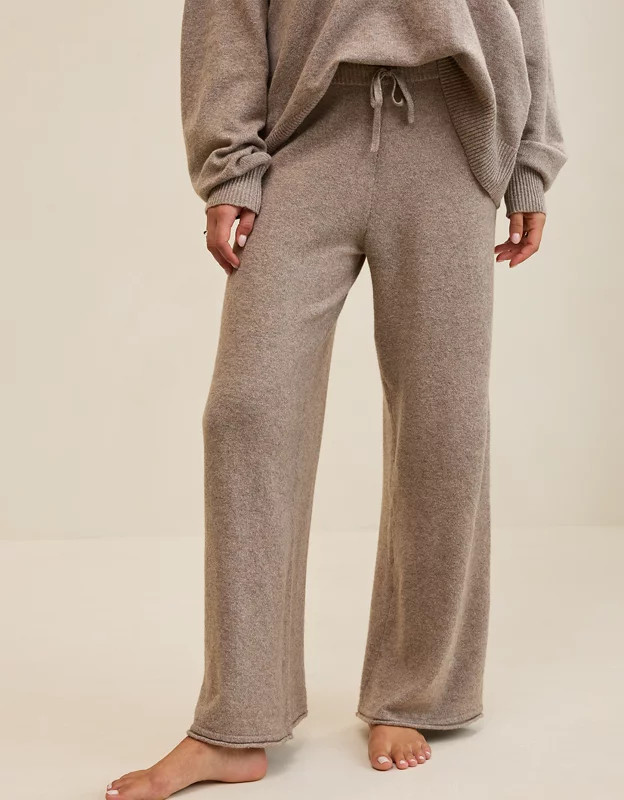 Aerie Sunday Soft Plush Wide Leg Pant Women's Heathered Taupe XS | Aerie
