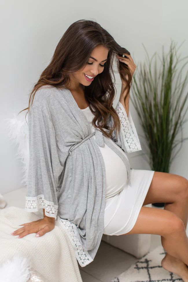 PinkBlush Grey Crochet Trim Maternity Delivery/Nursing Robe | PinkBlush Maternity
