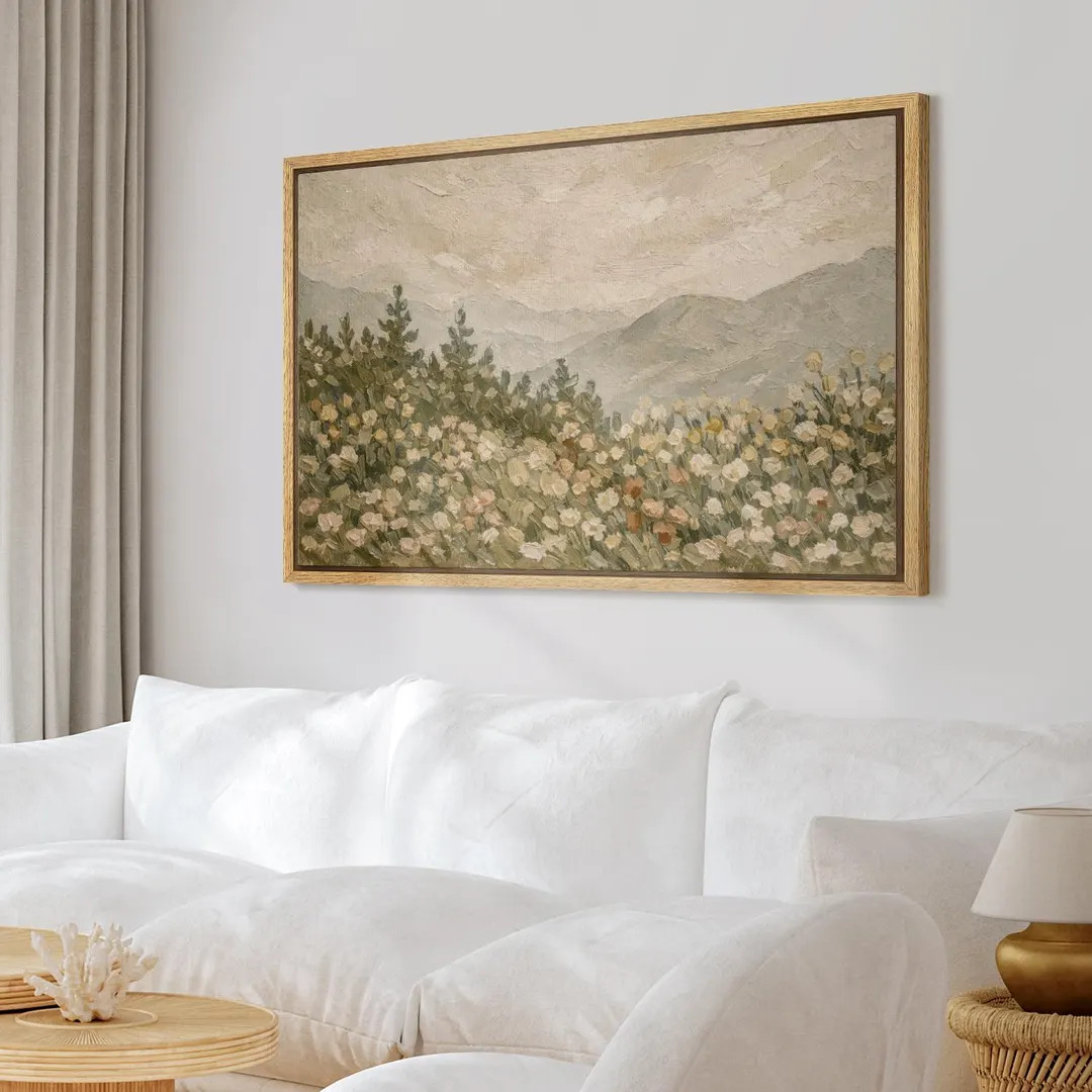 Framed Neutral Wildflower Landscape Wall Art, Soft Meadow & Mountain Canvas Print, Calm Cottage S... | Etsy (US)
