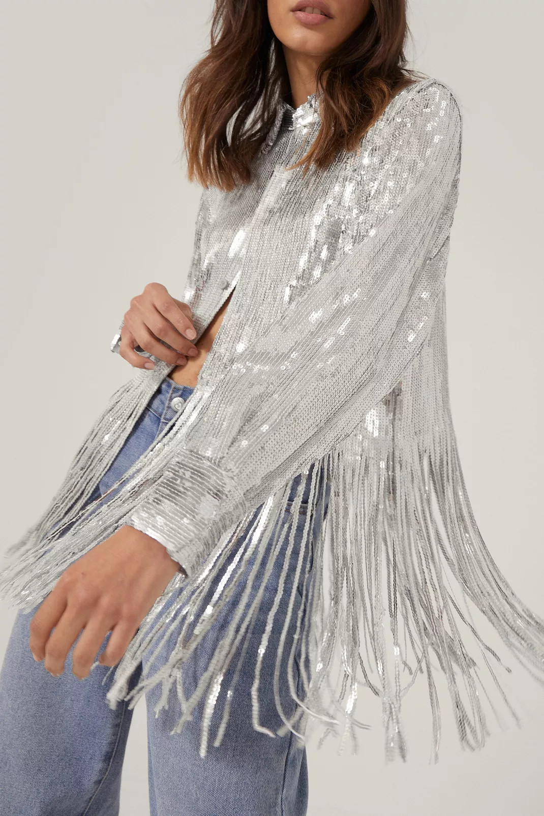 Longline Sequin Fringed Shirt | Nasty Gal (US)