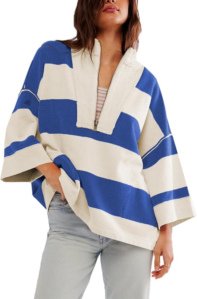 utcoco Oversized Sweatshirt for Women Striped Half Zip Long Sleeve Shirts Hoodies Color Block Pre... | Amazon (US)