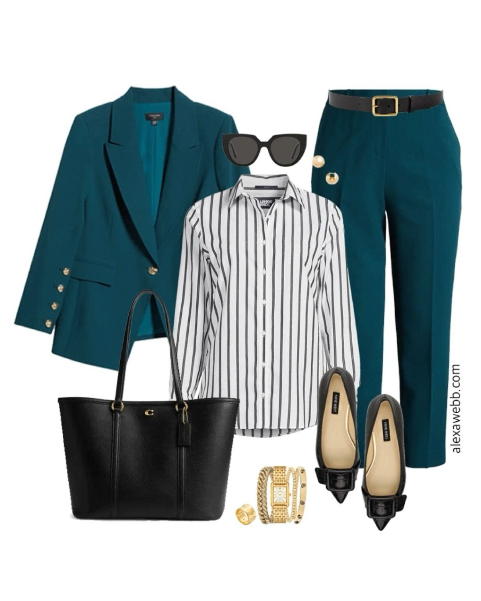 Plus size fall business casual work capsule wardrobe with teal blazer and pants, striped shirt and black flats. Alexa Webb 

#LTKPlusSize #LTKStyleTip #LTKWorkwear