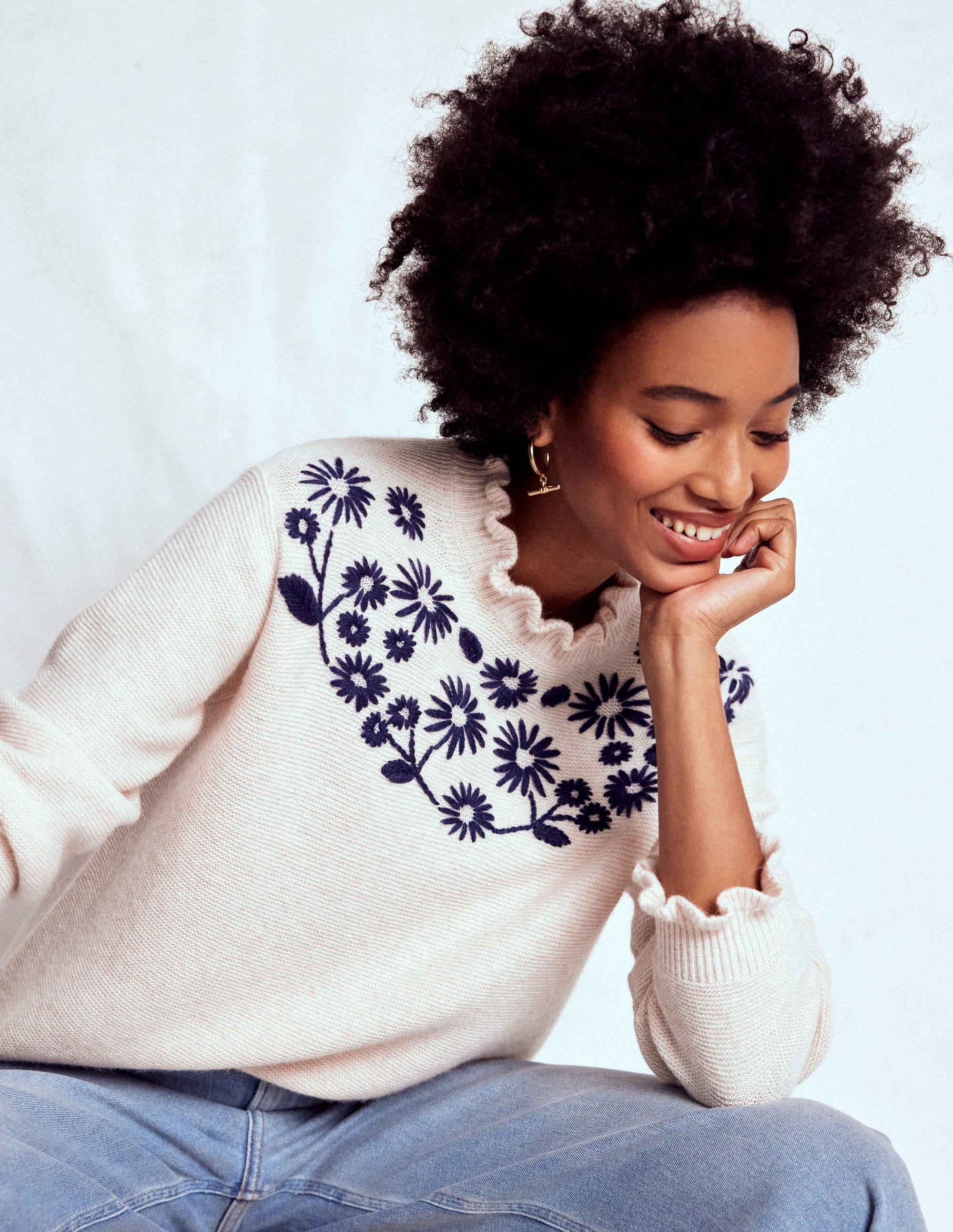 Embroidered Frill Sweater-Warm Ivory | Boden (US)
