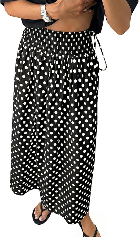 Tankaneo Womens Polka Dot Maxi Skirts Boho Smocked High Waisted Tie Skirt Casual Beach Vacation D... | Amazon (US)