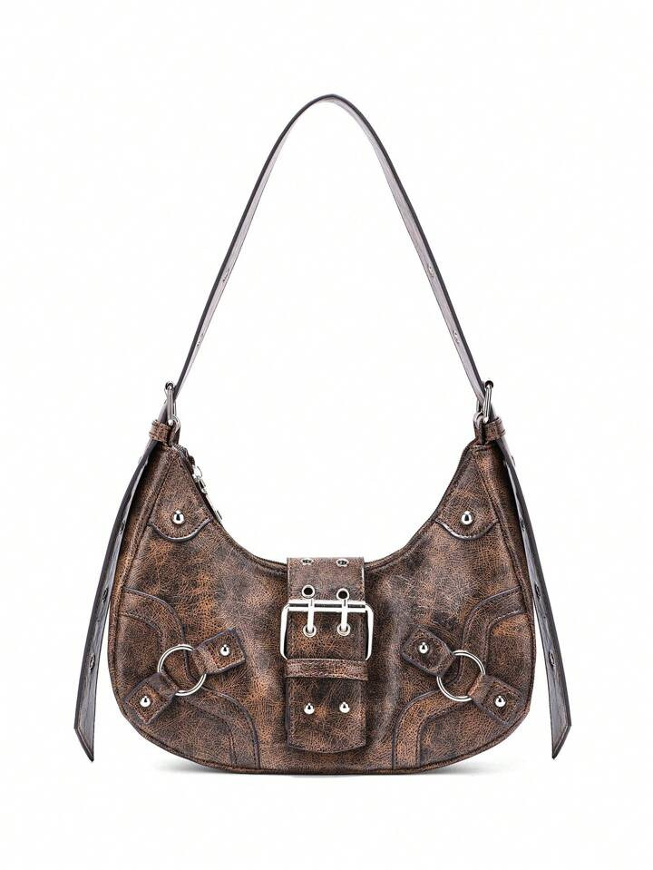 Punk Style Gothic High-End Retro Wasteland Oil Leather Dark Brown Heavy Buckle Design Shoulder Ba... | SHEIN