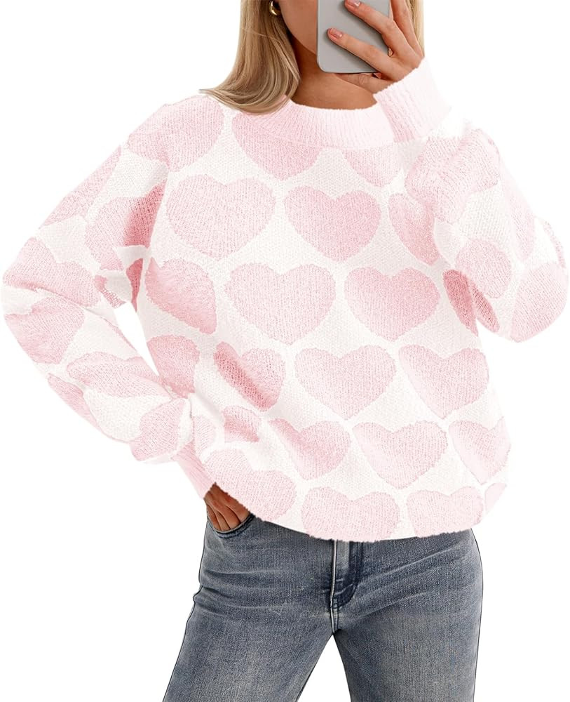Saodimallsu Womens Heart Sweaters Valentines Fuzzy Knit Crewneck Cute Loose Sweaters | Amazon (US)