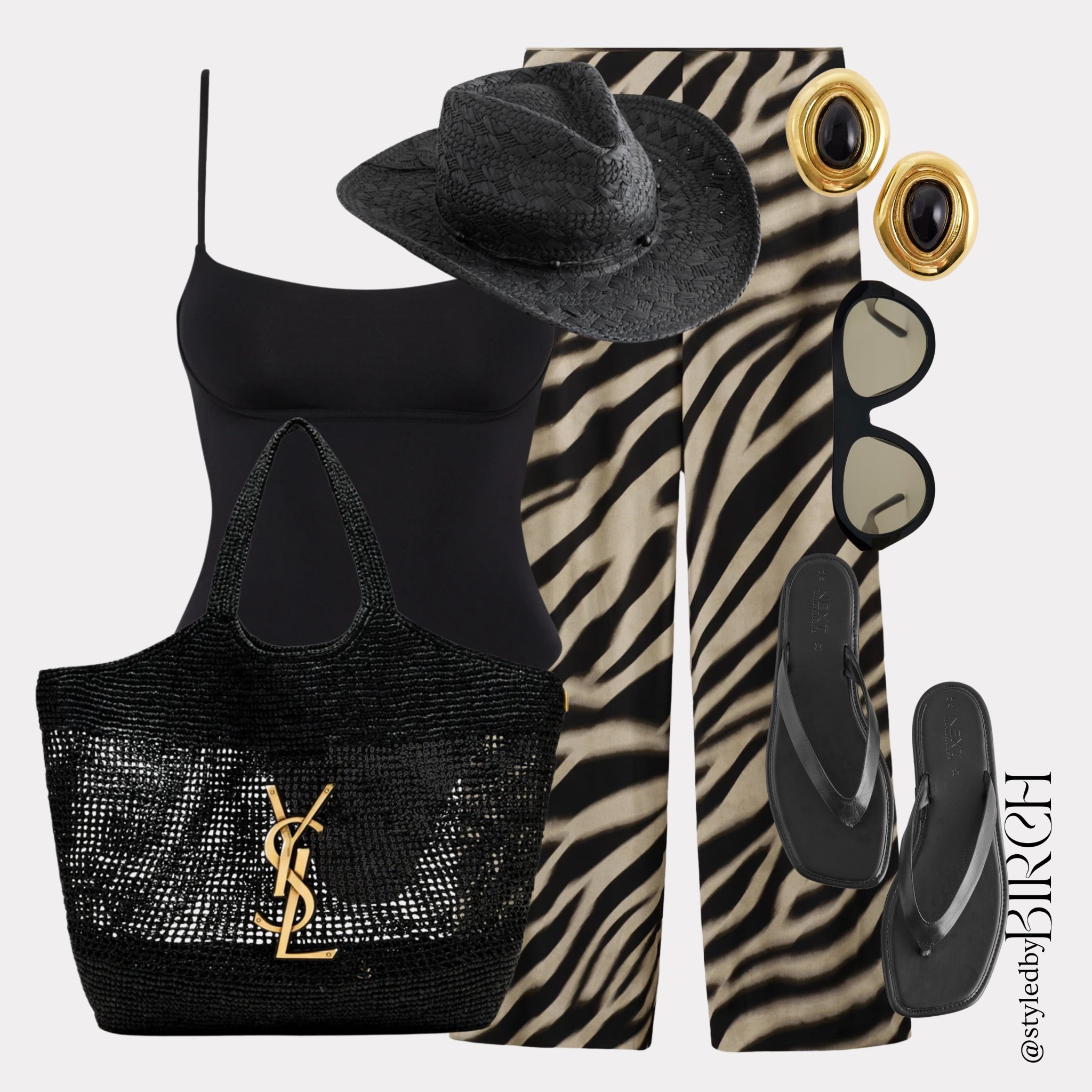 Seeing summer collections being released is getting me so excited to start planning holiday outfits already ☀️

Tags 🏷️ 
Black one shoulder swimsuit, zebra print wide-leg trousers, black woven YSL tote, black flip flops, oversized black sunglasses, gold statement earrings, black woven cowboy hat.

#LTKSwim #LTKSeasonal #LTKootd