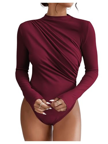SweatyRocks Women's Bodysuit Mock Neck Casual Ruched Long Sleeve Jumpsuit Burgundy X-Large | Amazon (US)