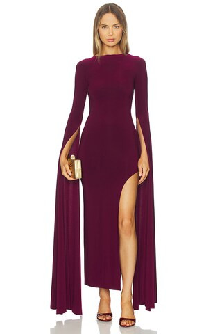 Norma Kamali Open Back Ribbon Sleeve Wide Slit Gown in Plum from Revolve.com | Revolve Clothing (Global)