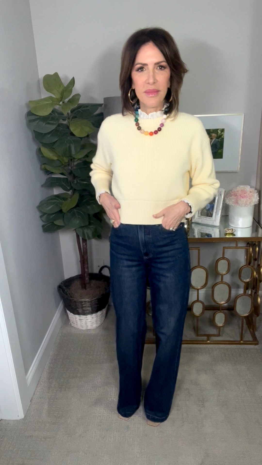 yellow sweater, white ruffle neck top, colorful beaded necklace, wide leg jeans, tan heels, over 50 outfits, spring outfit 

#LTKOver40 #LTKSeasonal #LTKgrwm
