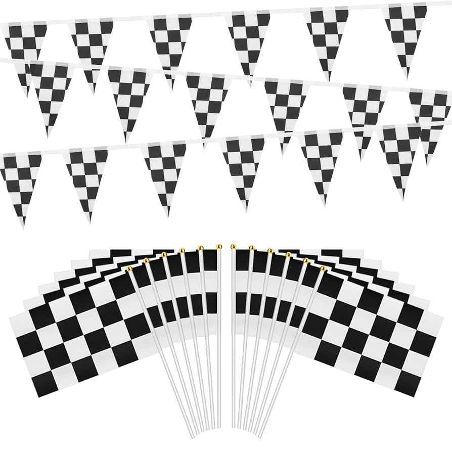 OOTSR 32ft Triangle Checkered Flag Banner and 30pcs Black and White Checked Racing Flags with Pla... | Amazon (CA)