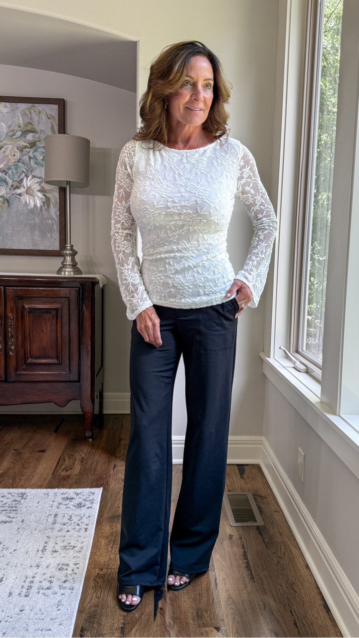 Looking chic doesn’t mean being uncomfortable. This stretch mesh lace top is figure flattering without being tight. The pants are soft stretch yoga trousers. Simple elegance without a lot of fuss.

#simpleelegance #amazonfashion #fashionover50 #lacetop