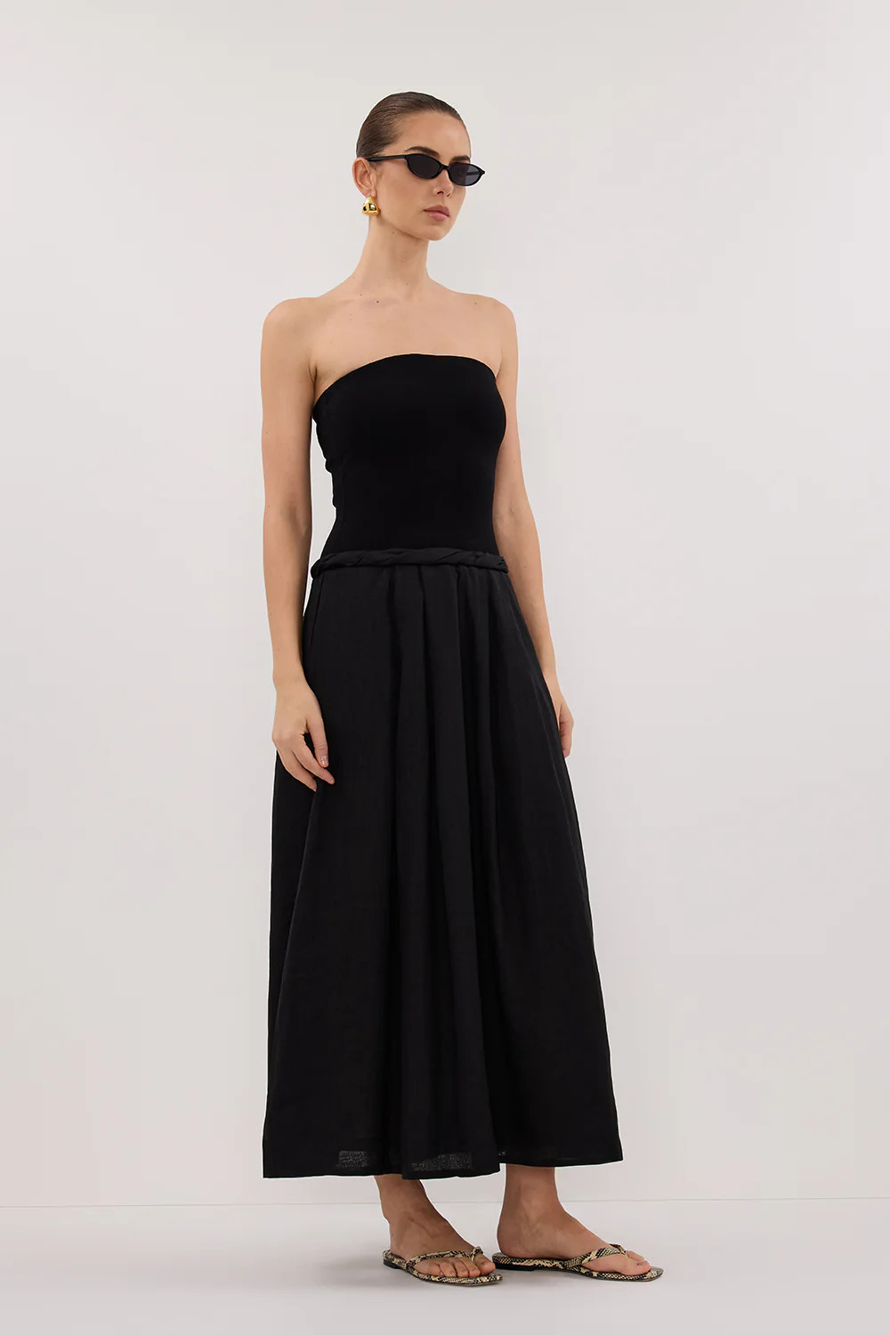 COCO BLACK STRAPLESS HYBRID MIDI DRESS | DISSH