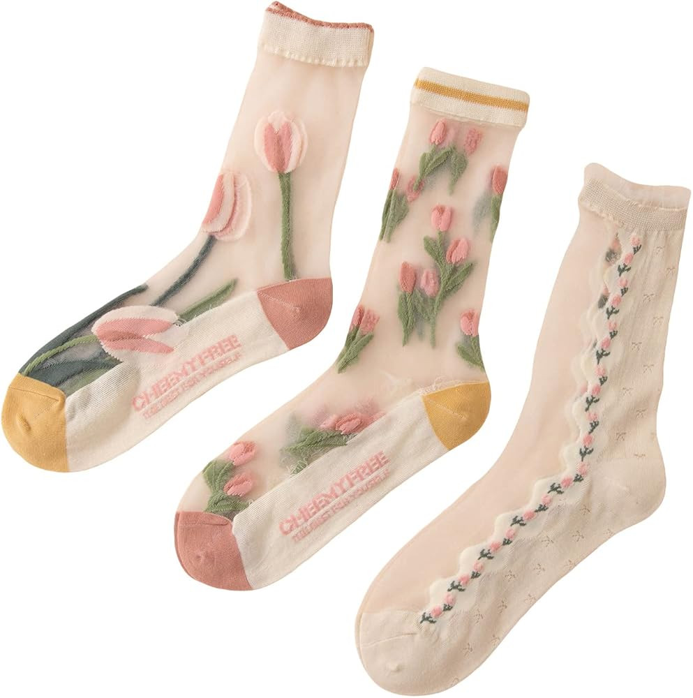GORGLITTER Women's 4 Pairs Sheer Mesh Flower Patterned Thin Casual Crew Socks Transparent Cute Su... | Amazon (US)