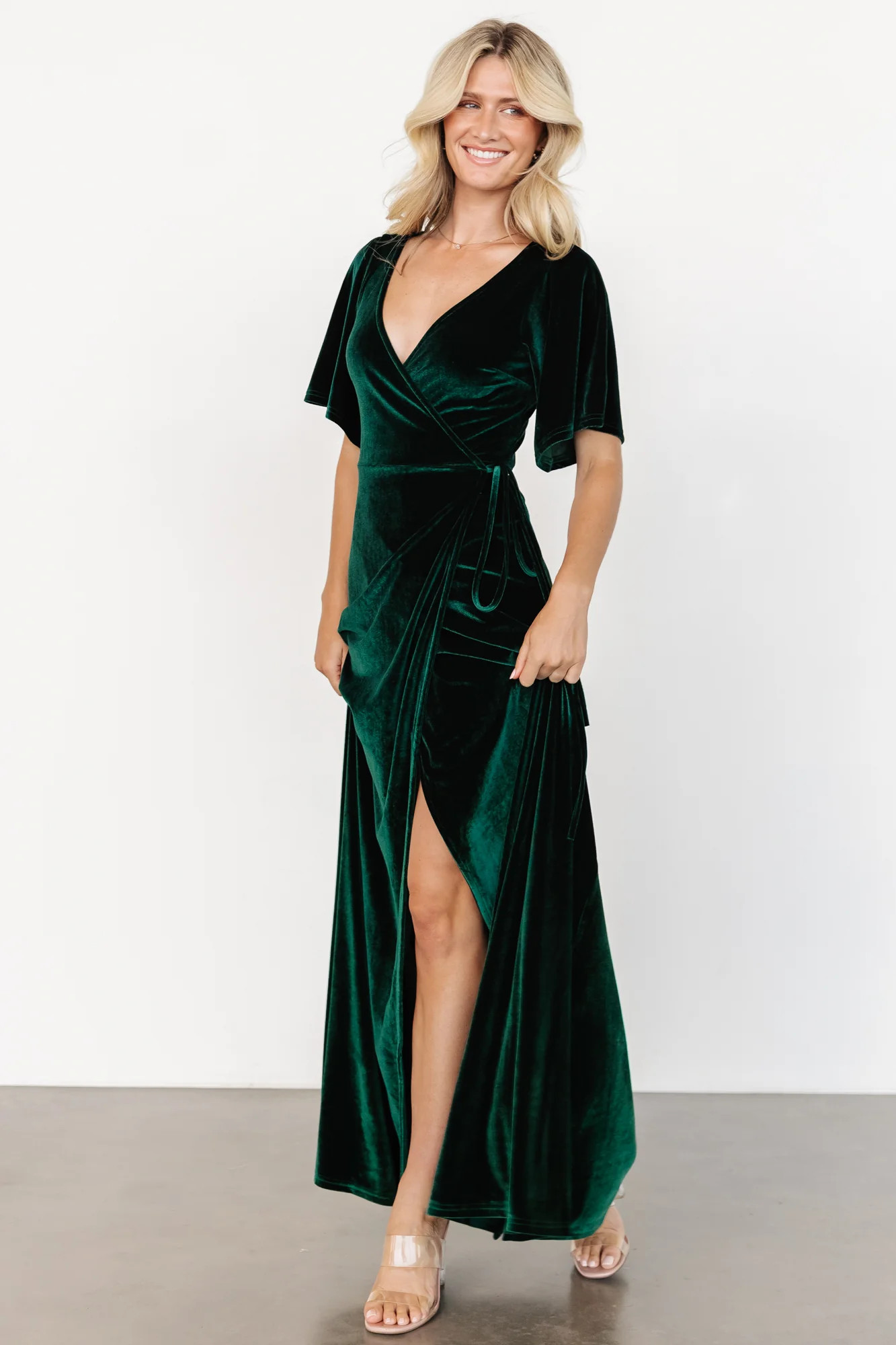 Meghan Velvet Wrap Maxi Dress | Emerald | Baltic Born