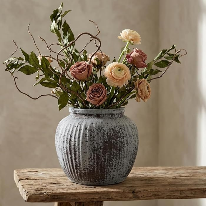 Large Rustic Vase, 11" Distressed Round Floor Vase for Home Decor, Farmhouse Centerpieces Planter... | Amazon (US)